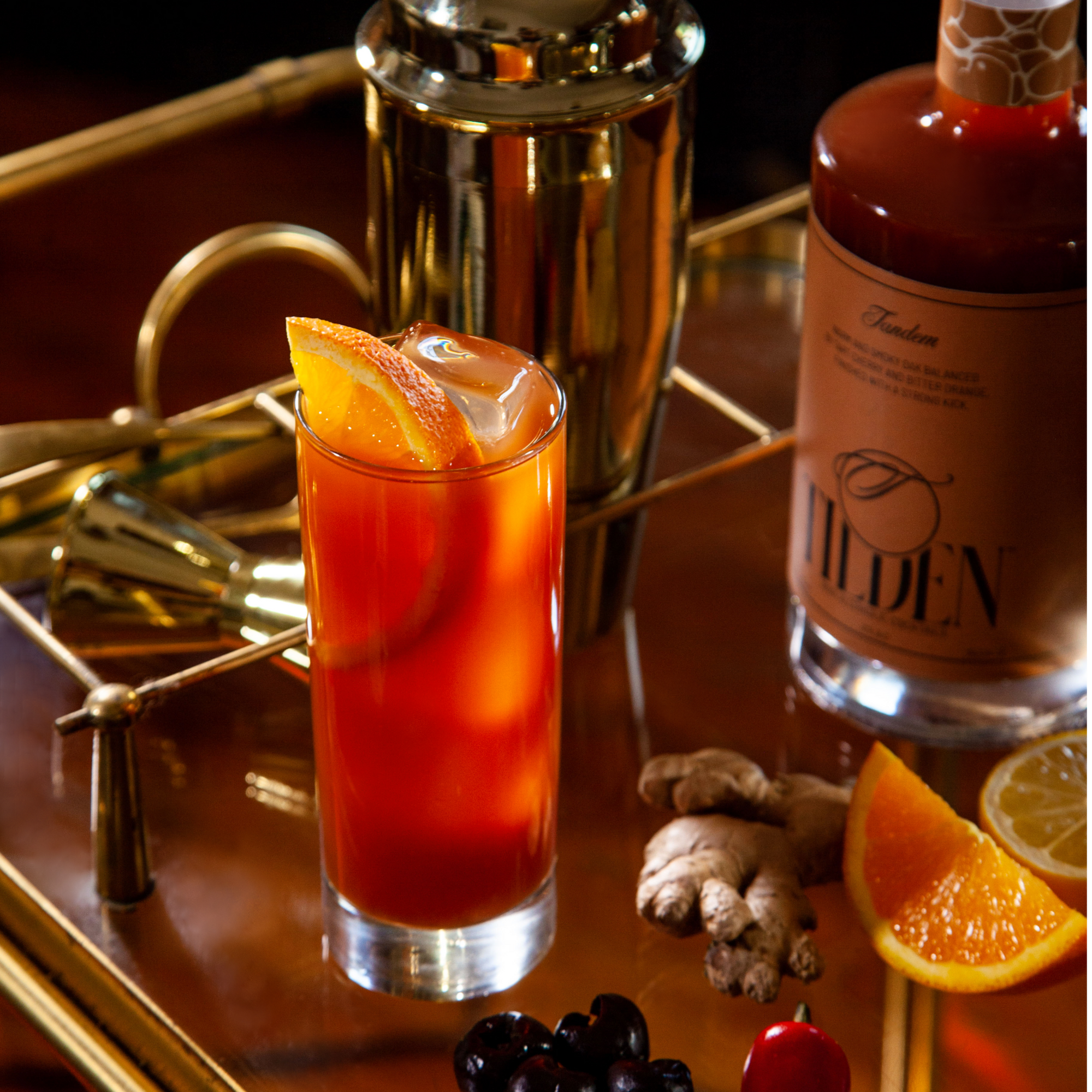 Tilden Tandem, Non-Alcoholic Cocktails, Zesty and Savory Garnished with Orange